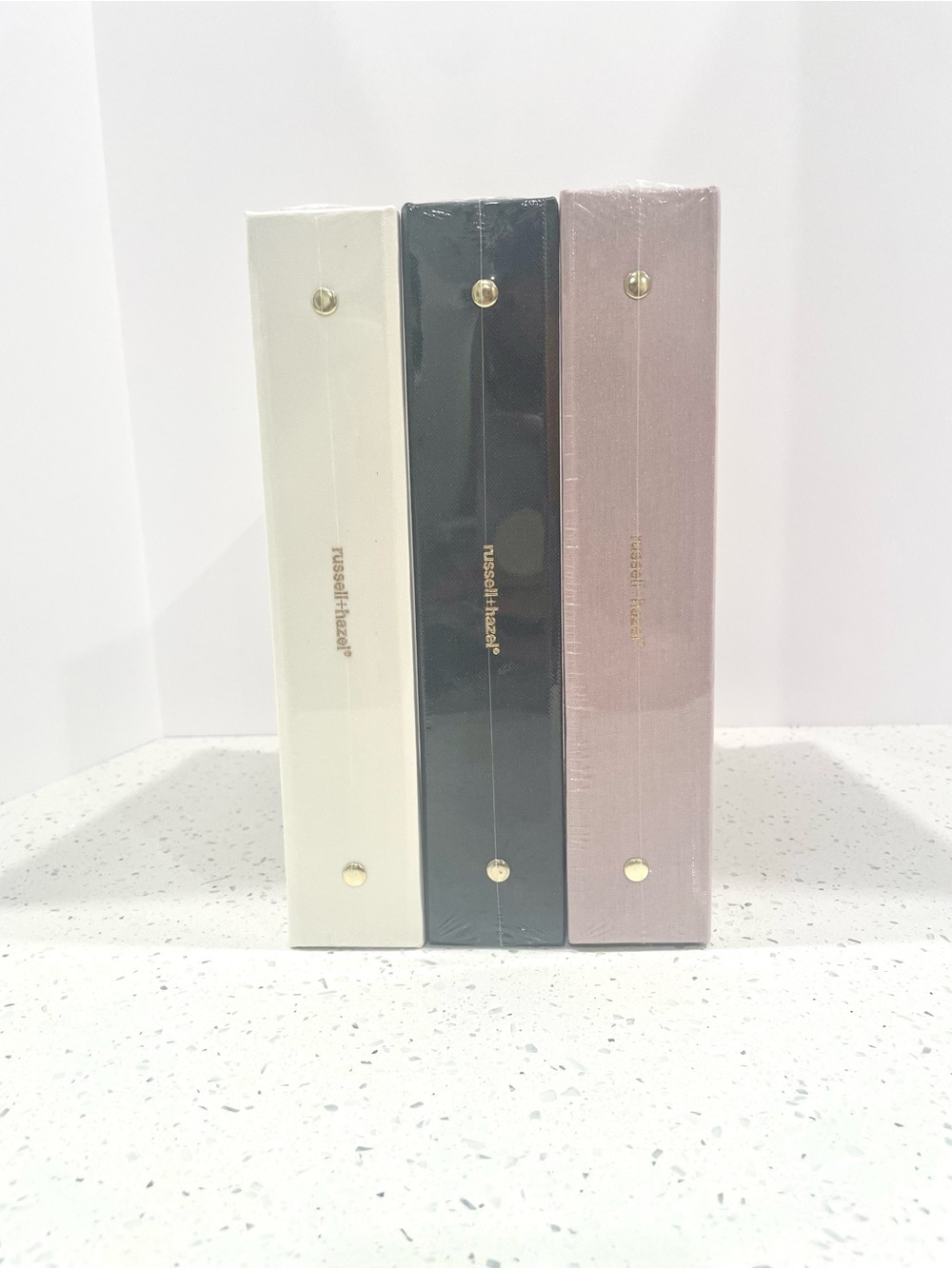 Russel+Hazel Mini 3 Ring Linen Binders in White, Navy, and Lavender